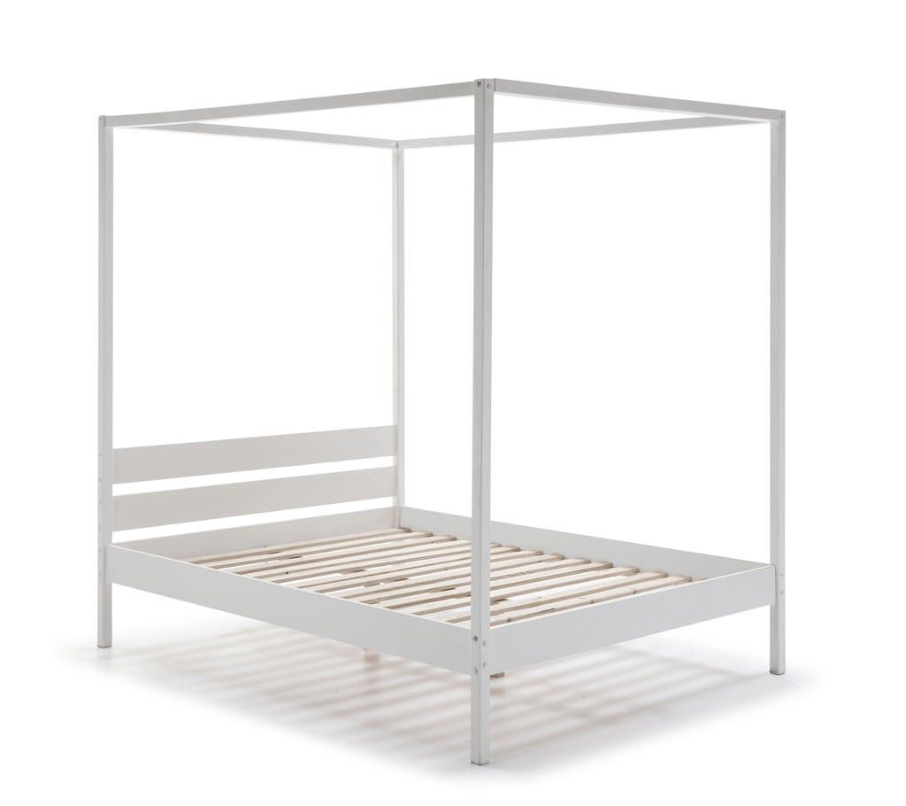 LIT BALDAQUIN EN PIN MASSIF DOSSEL 140 x 200 BLANC LAQUE  SOMMIER INCLUS