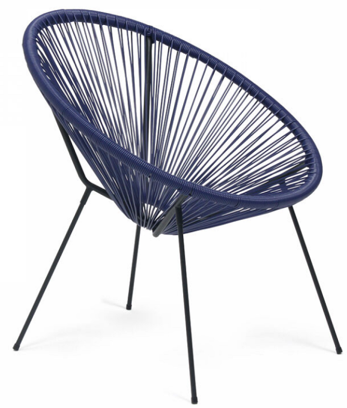 Le "Cabana" fauteuil en resine bleu marine structure en metal noir 4 pieds d72cm h88cm