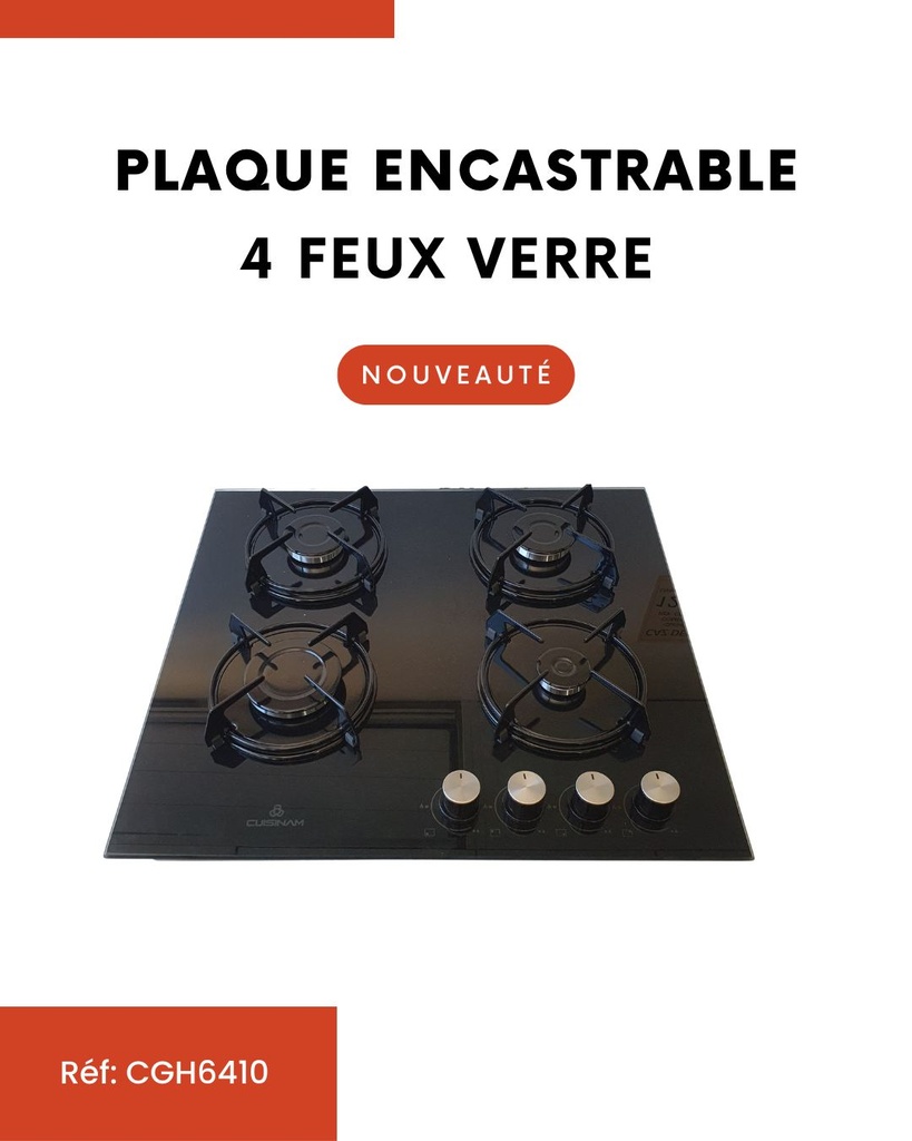 PLAQUE ENCASTRABLE 4 FEUX GAZ CUISINAM 60CM VERRE/NOIR