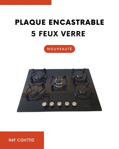 [CGH7110] PLAQUE ENCASTRABLE 5 FEUX GAZ CUISINAM (WOK) 70CM VERRE/NOIR