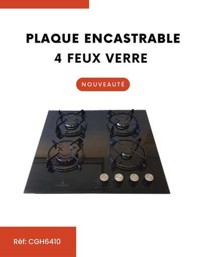 [CGH6410] PLAQUE ENCASTRABLE 4 FEUX GAZ CUISINAM 60CM VERRE/NOIR