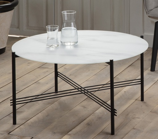 [13344] TABLE BASSE KENDALL 84CM VERRE MARBRE BLANC